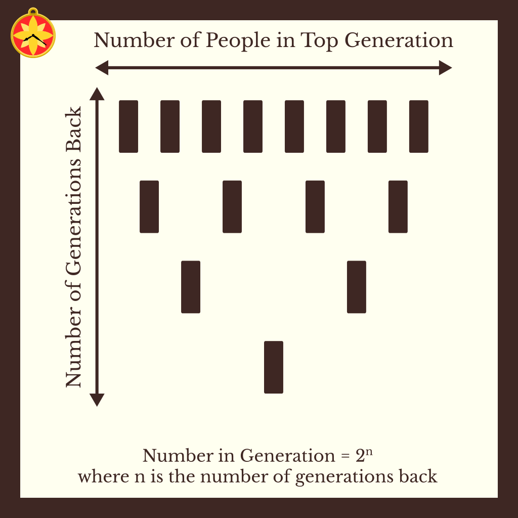 Family tree diagram. Height is the number of generations back. Width is the number of people in the top generation. Number in generation is 2 to the power of n, where n = the number of generations back.