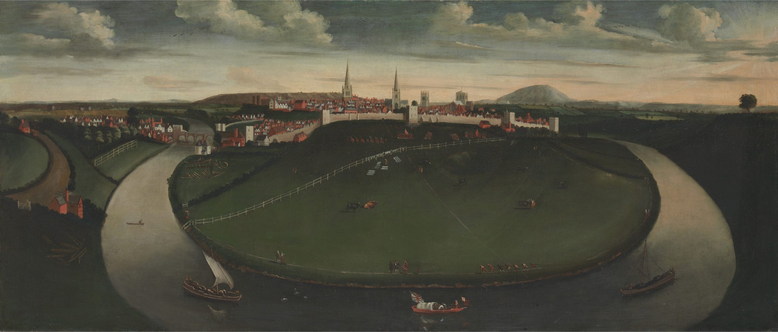 Oil on canvas painting showing Shrewsbury from the southwest. The town is surrounded by walls. The Quarry is an open space outside the walls where cattle graze and soldiers drill.